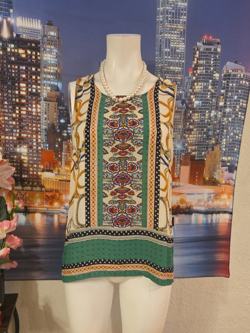 Cynthia Rowley Green, Cream & Gold Print Sleeveless Camisole [1343].